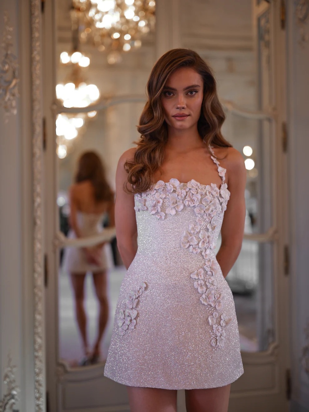 Rosie Etienne Delilah - Embellished Pink Bridal Mini Dress w/ Floral Appliqué